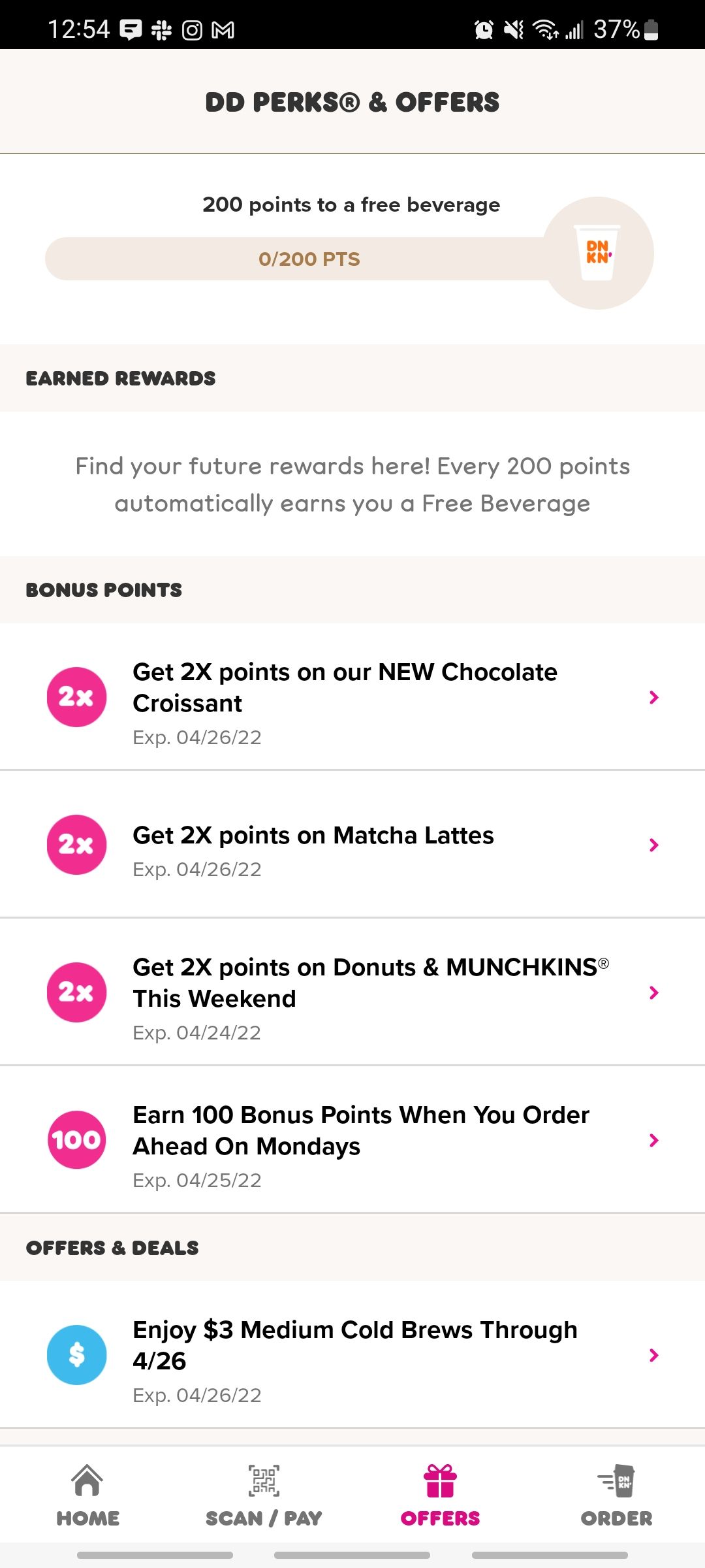 dunkin donuts offers screen showing earned points and bonus offers