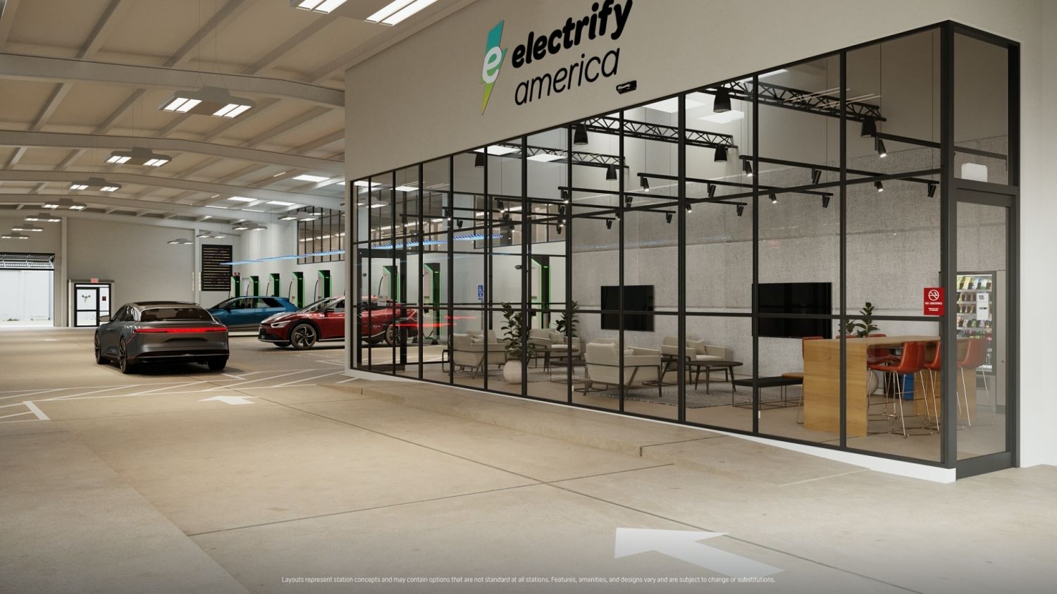 electrify america customer service lounge with lighting additional fast chargers and valet