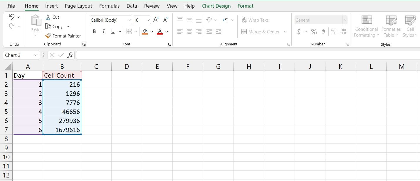Example spreadsheet for semi-log graph in Excel.