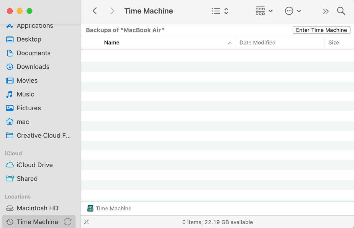 Time Machine disk in Finder with Enter Time Machine button in top right corner