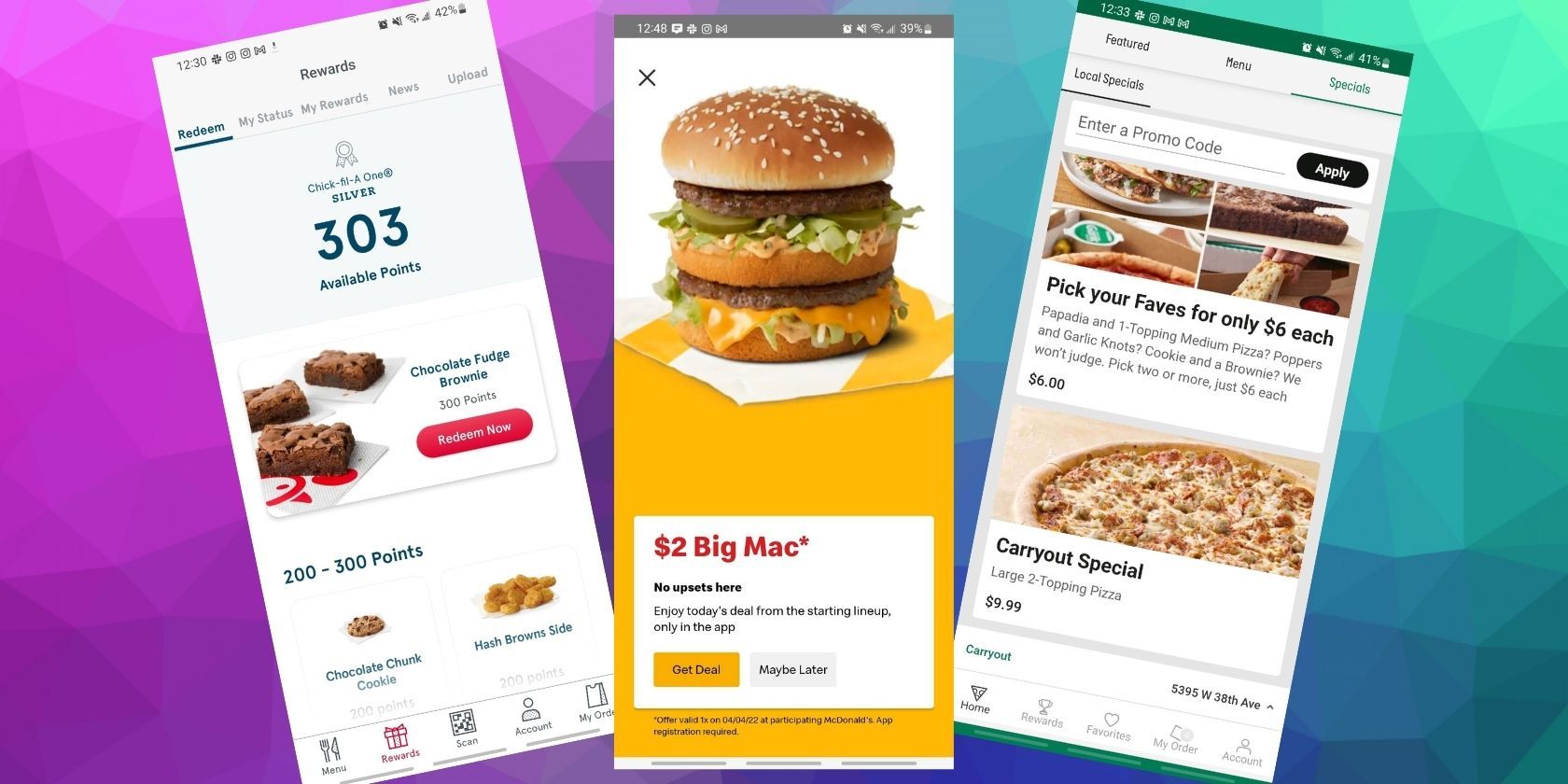 food loyalty app programs including screenshots from chikfila, mcdonalds, and papa johns
