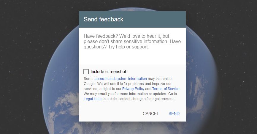 google earth send feedback