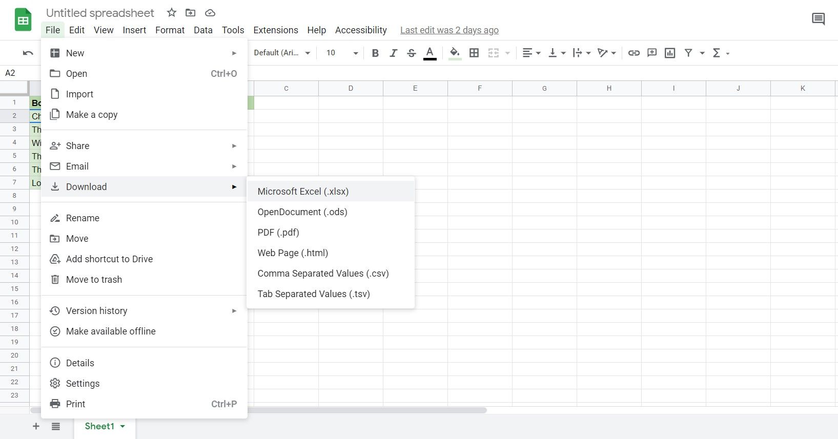 دانلود یک سند Google Sheets.