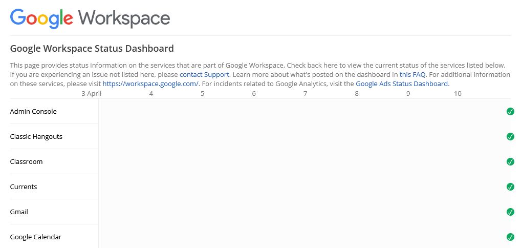 google workspace status dashboard