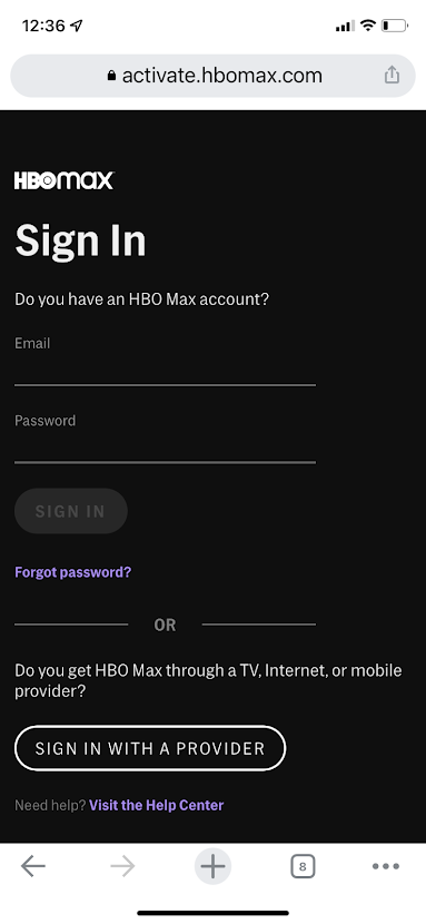 صفحه ورود به برنامه HBO Max