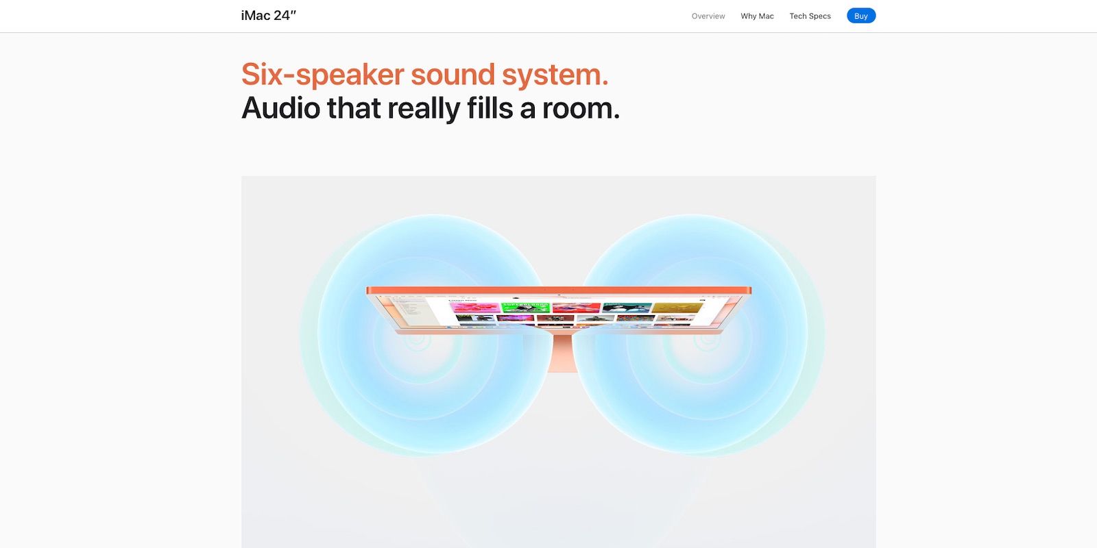 Screenshot from the Apple website showing an illustration of an iMac and speaker radius