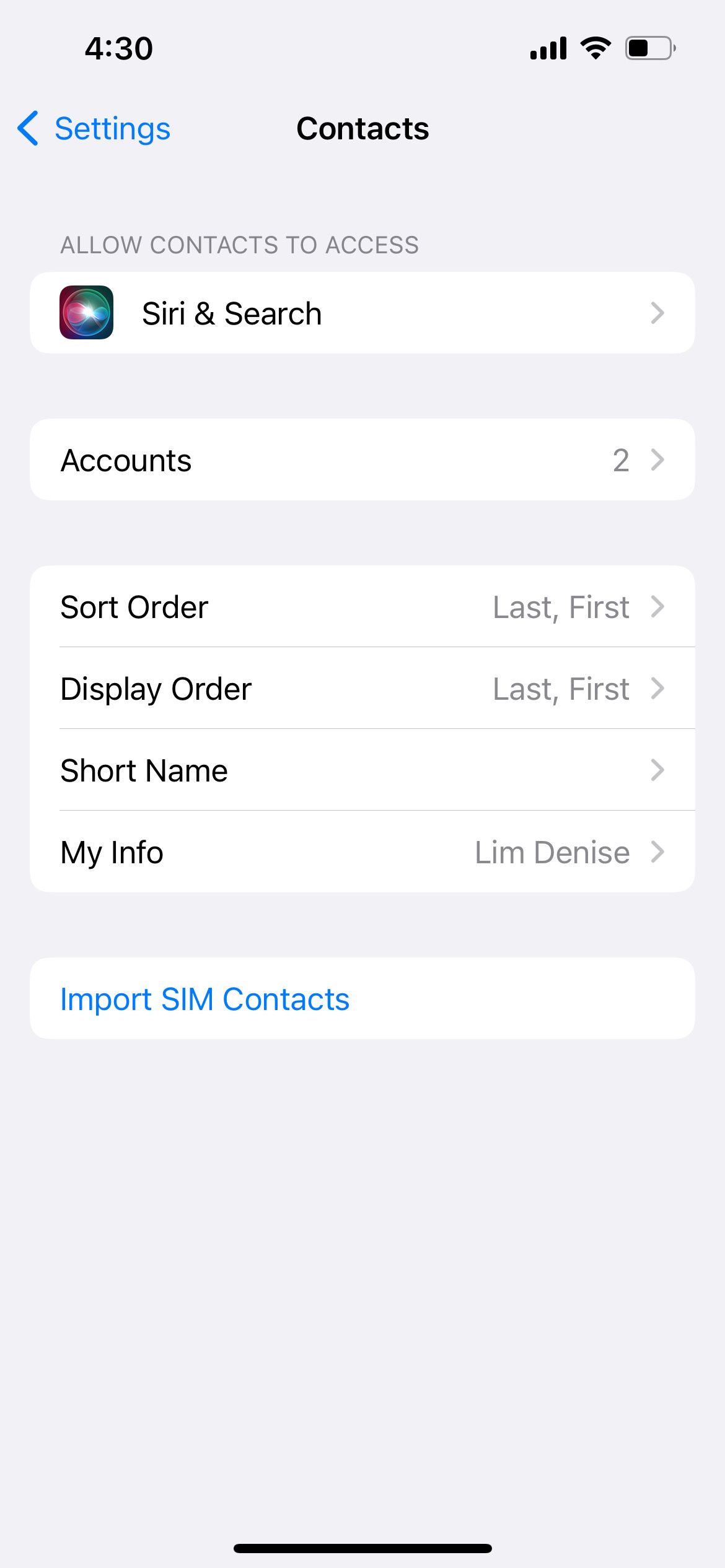 iphone contacts settings 