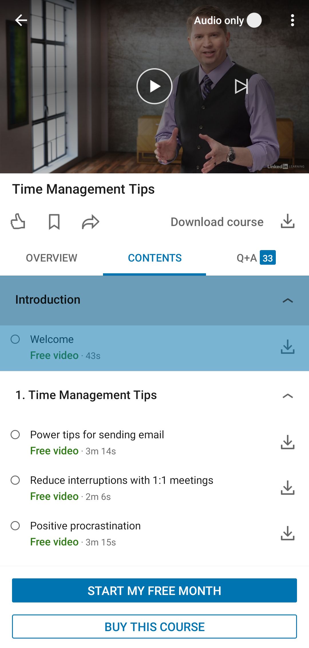 LinkedIn Learning App Contents Tab in Course
