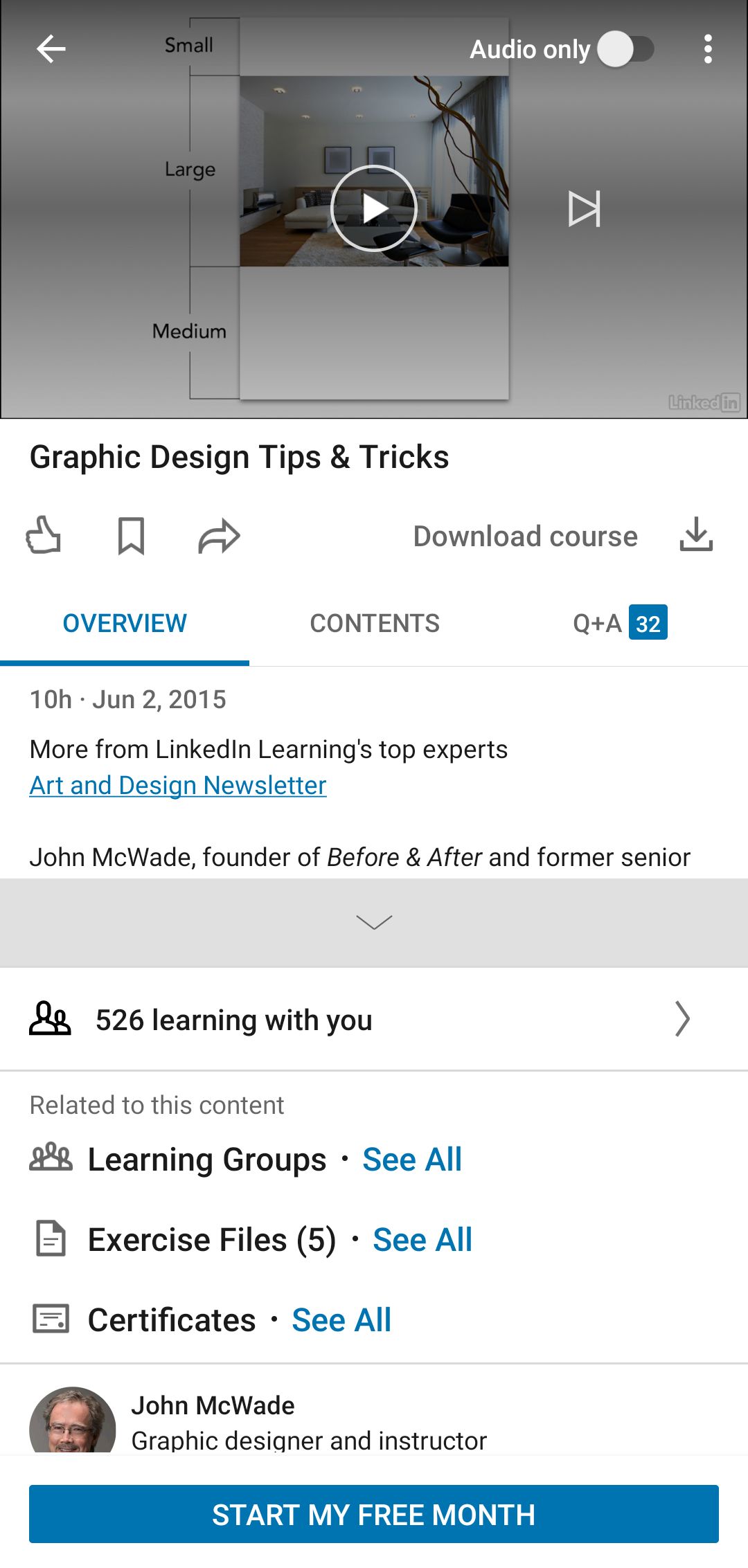 LinkedIn Learning App Overview Tab in Course