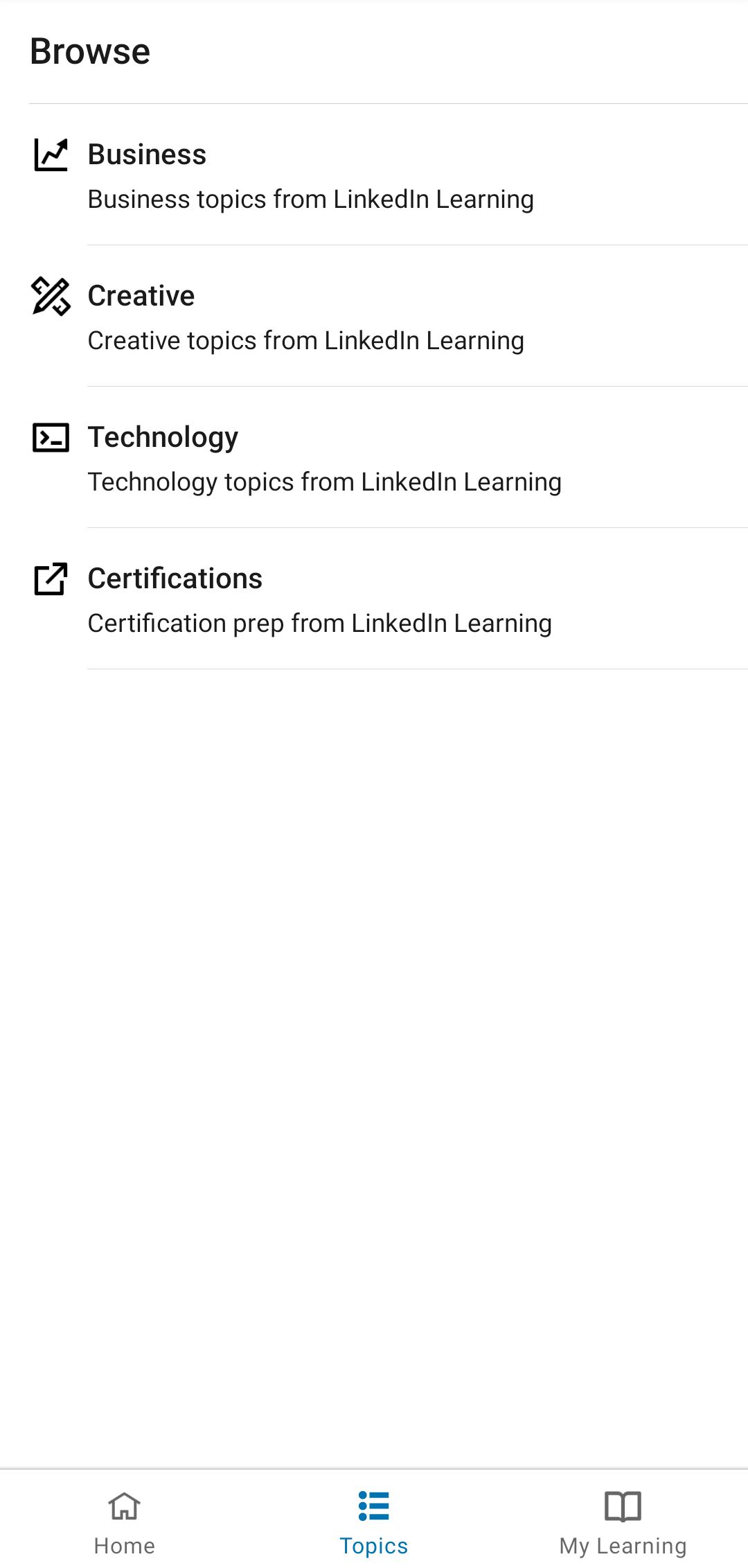 LinkedIn Learning App Topics Tab