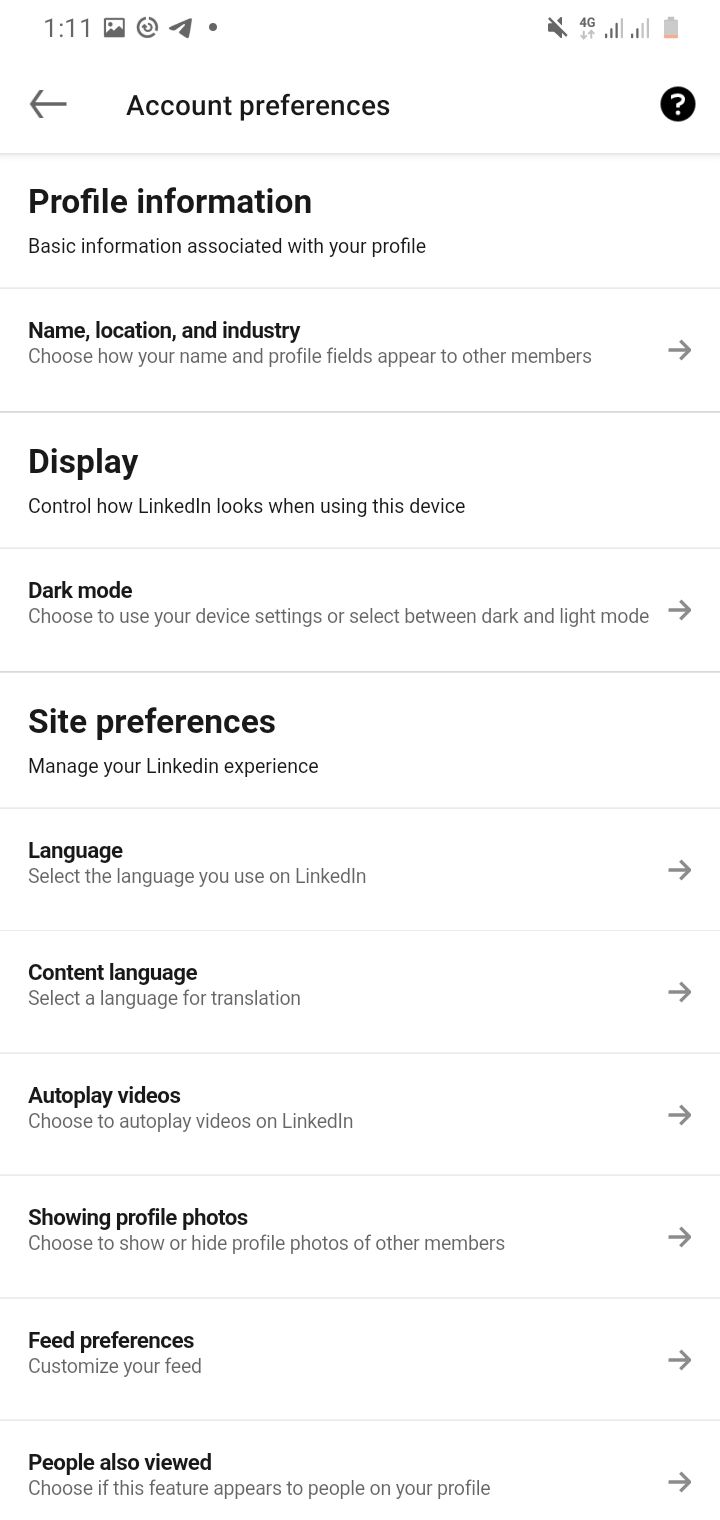 تنظیمات برگزیده حساب LinkedIn در برنامه تلفن همراه