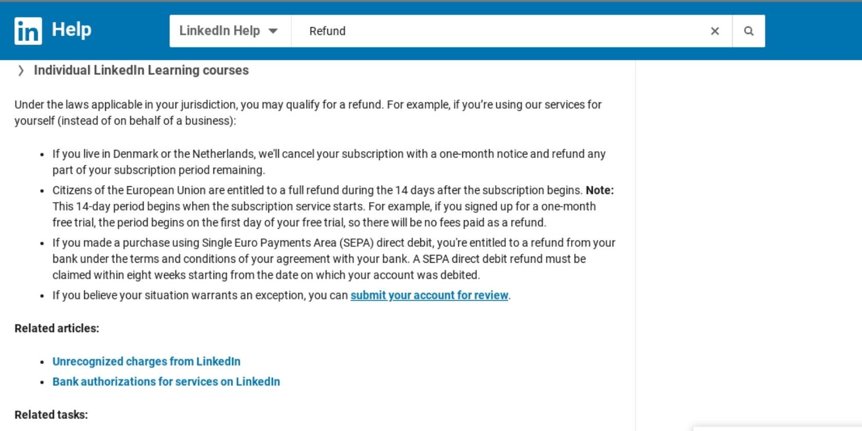 Screenshot of the LinkedIn Refund Policy page.