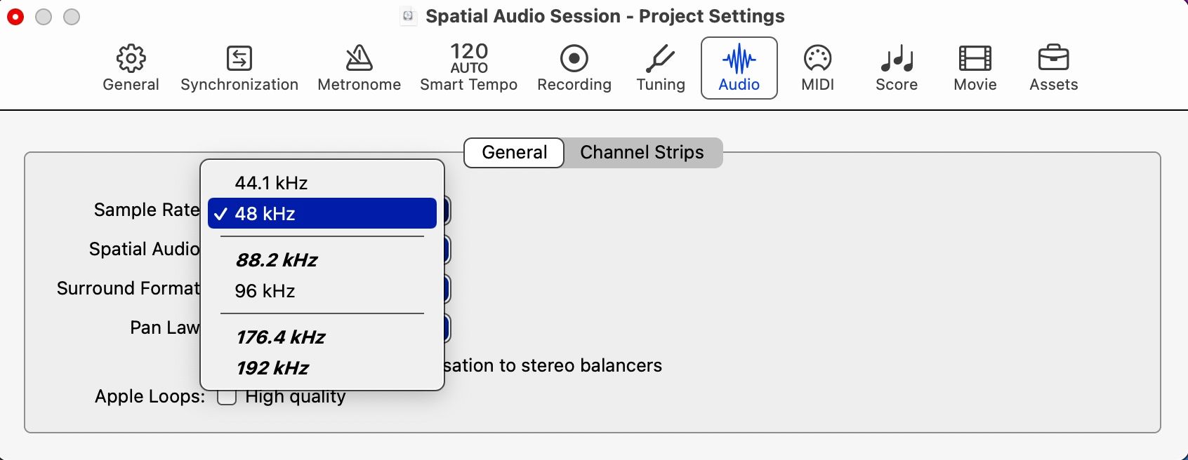 A screenshot of Logic Pro showing the sample rate options in the Audio settings