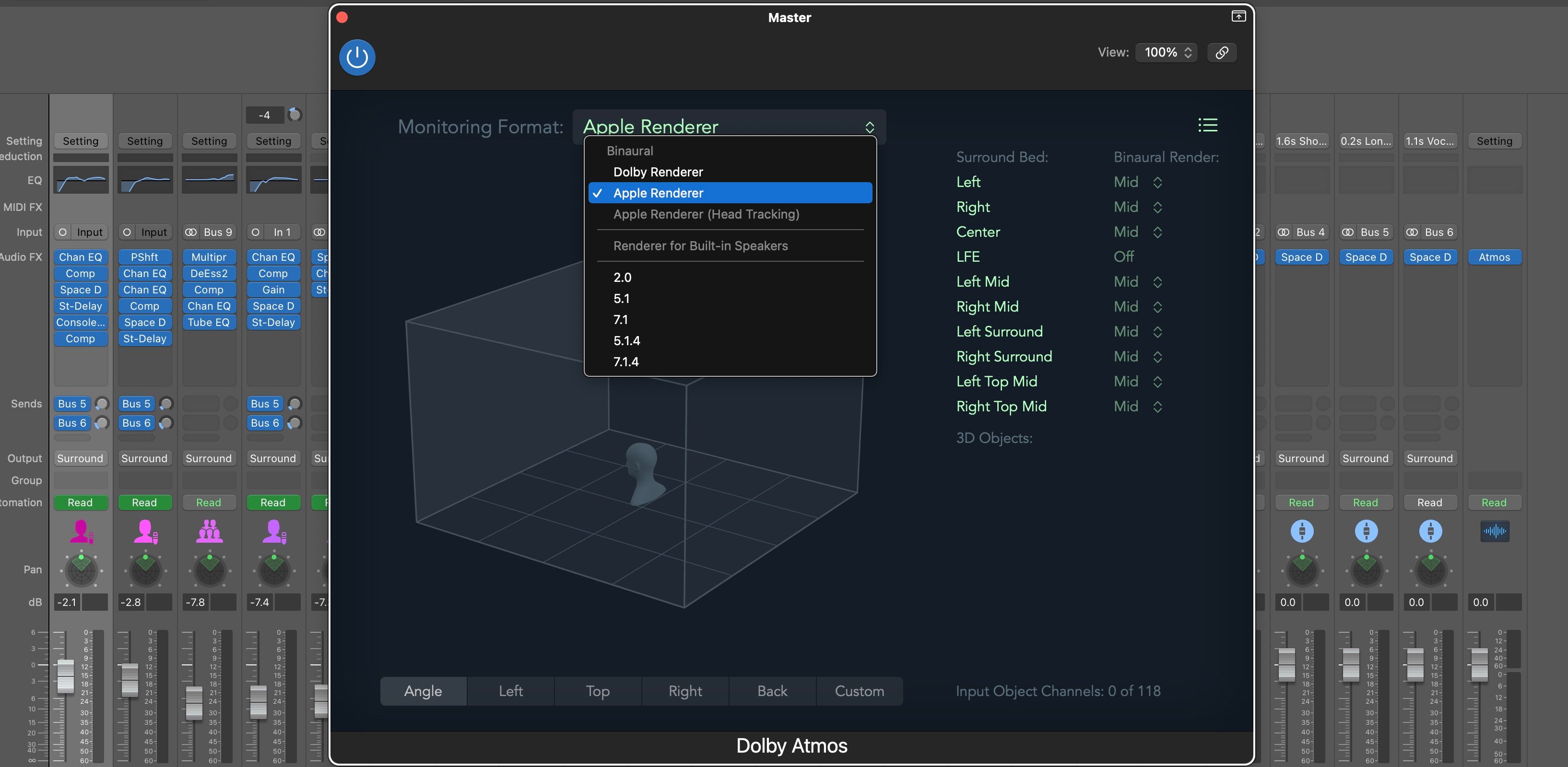A screenshot of Logic Pro showing the Dolby Atmos plugin