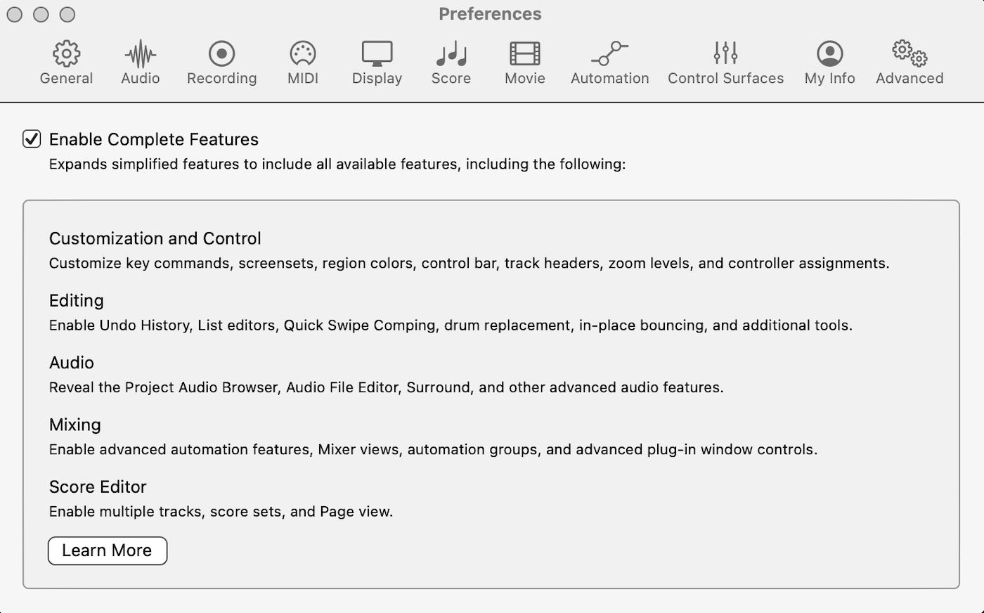 A screenshot of Logic Pro showing the audio preferences including the Enable Complete Features checkbox
