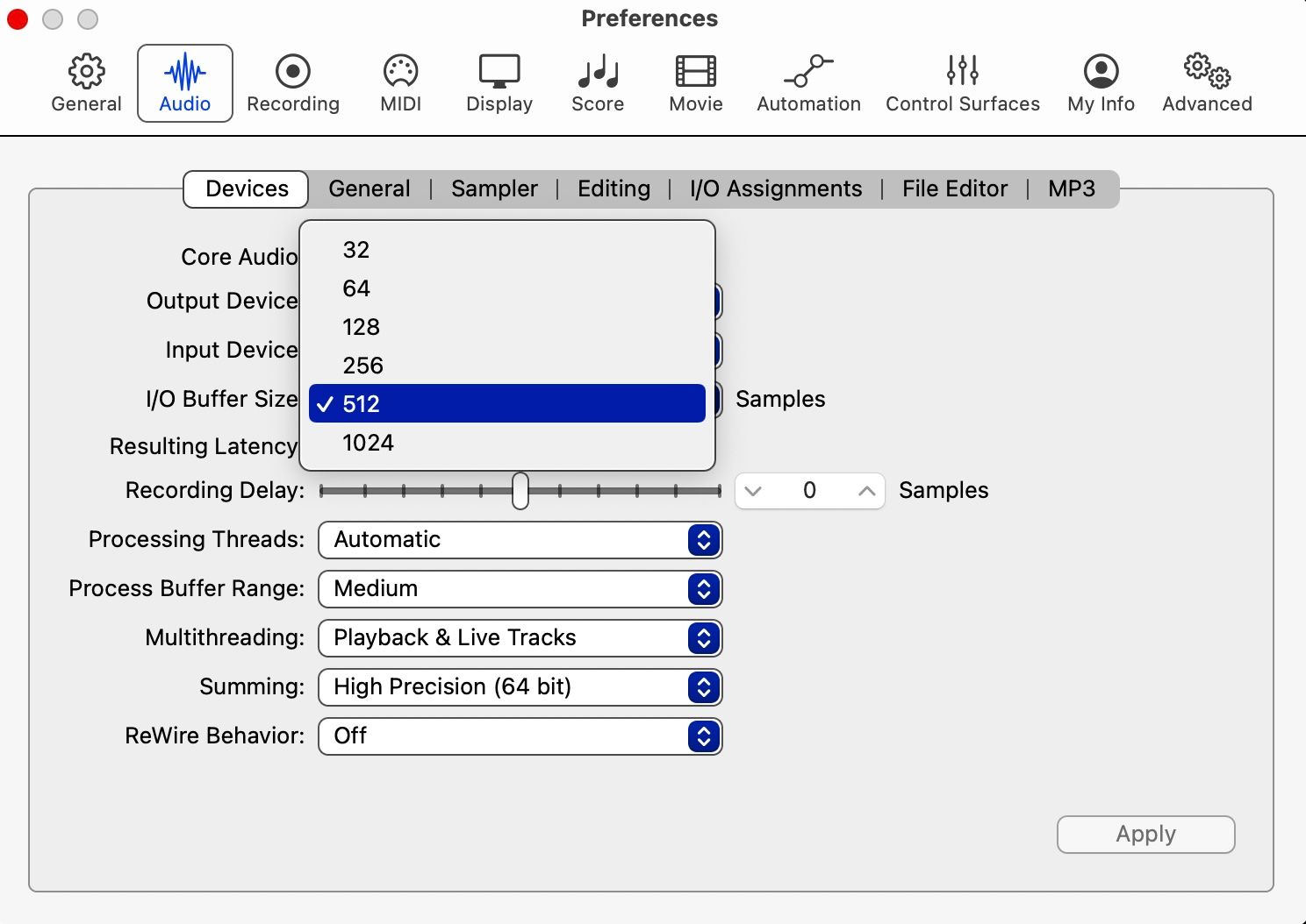 A screenshot of Logic Pro showing the I/O buffer size options in the Audio settings 