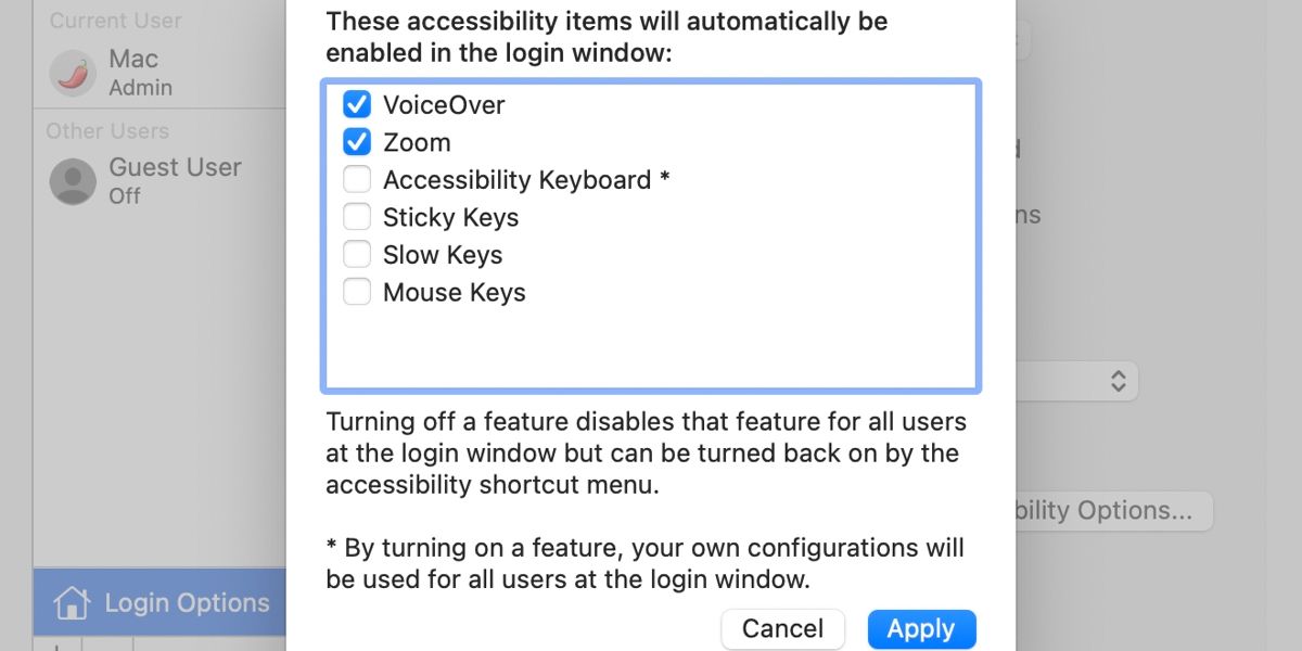 Mac accessibility login options