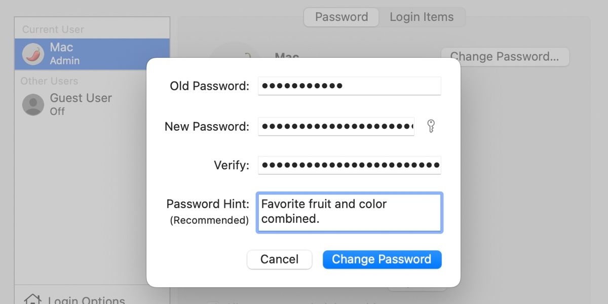 Mac change password screen