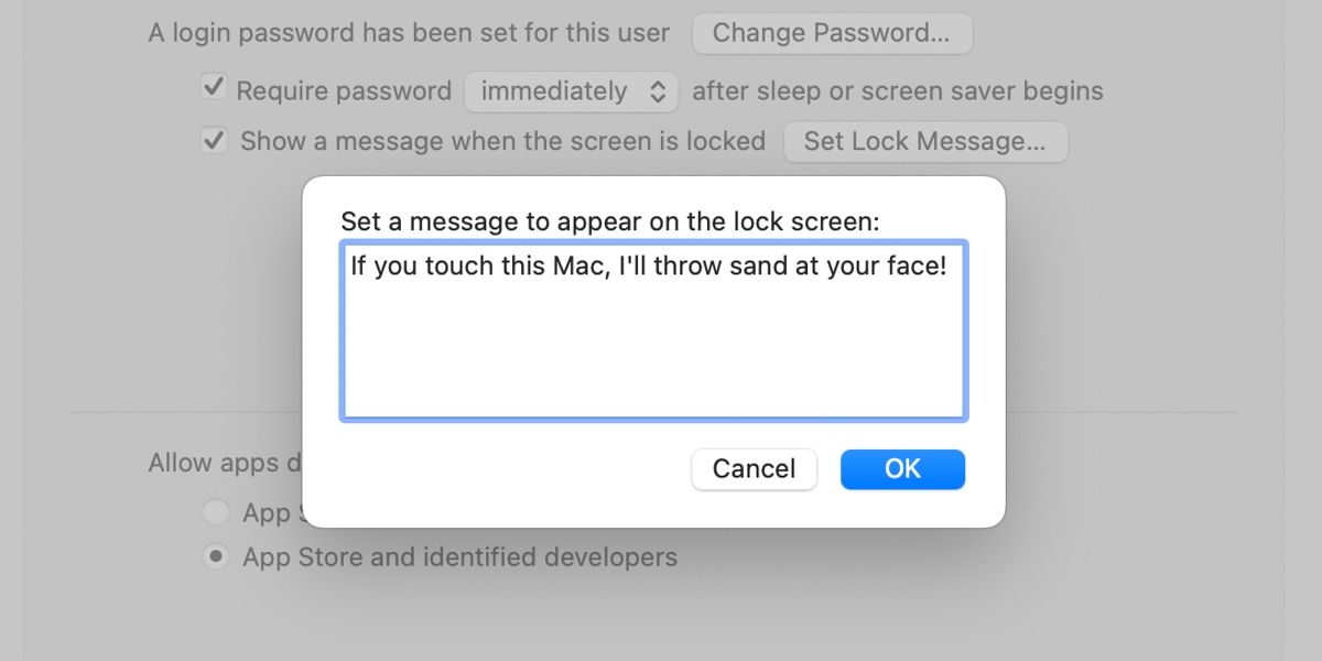 Mac lock screen message window with text entered