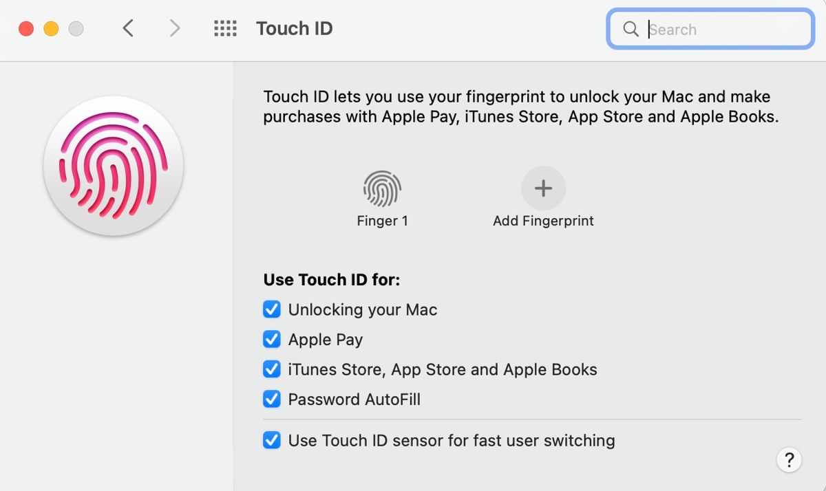 تنظیمات برگزیده Mac Touch ID