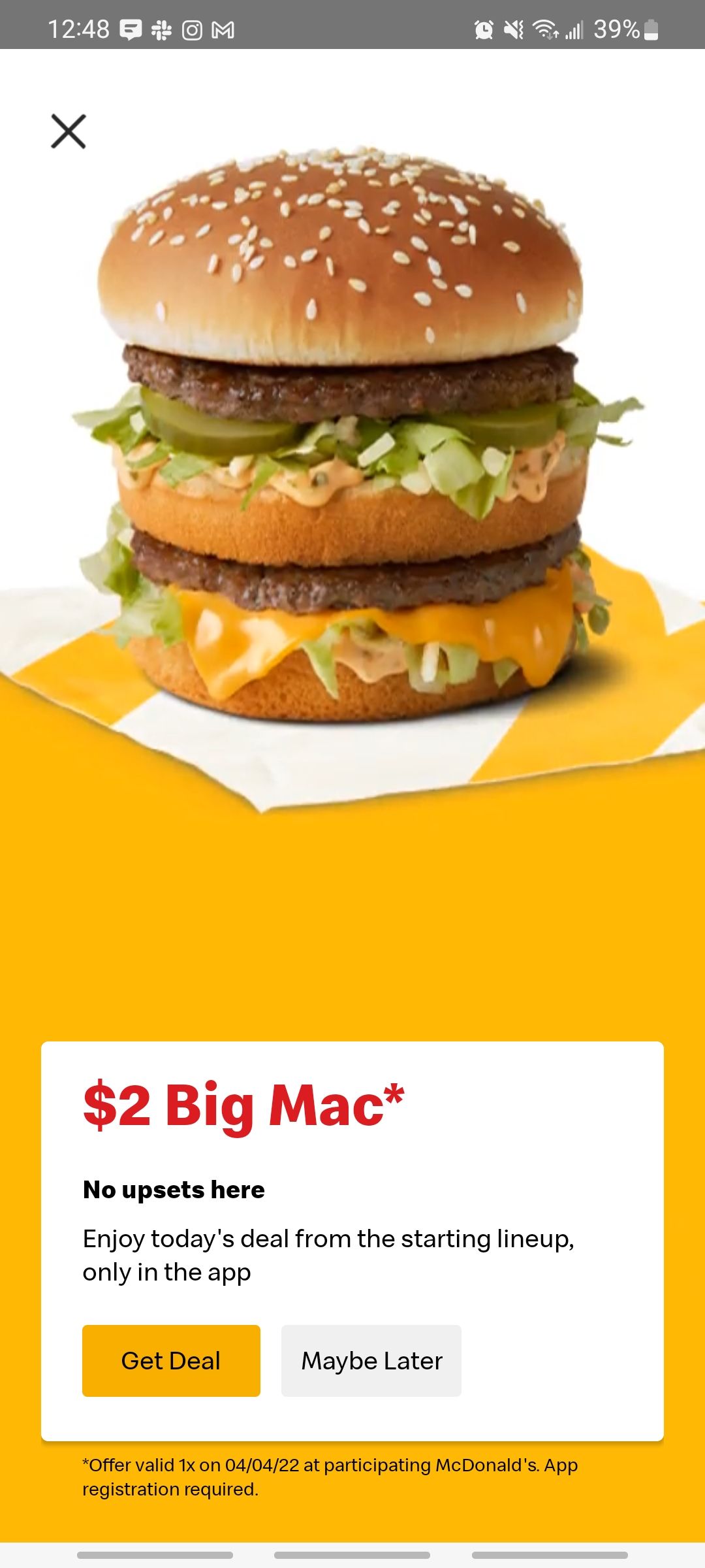 mcdonalds app daily deal for a two dollar big mac