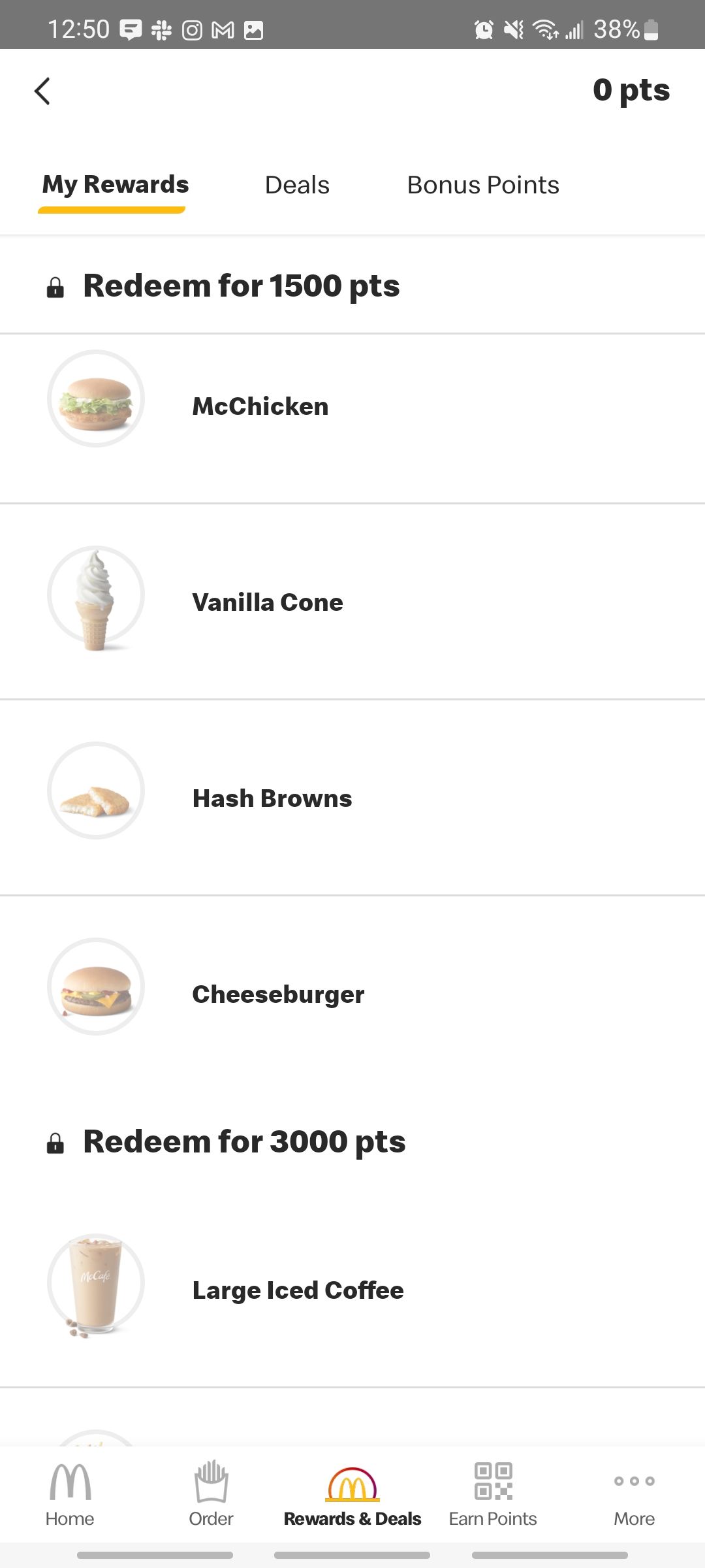 mcdonalds app my rewards screen showing what you can redeem for specific point numbers