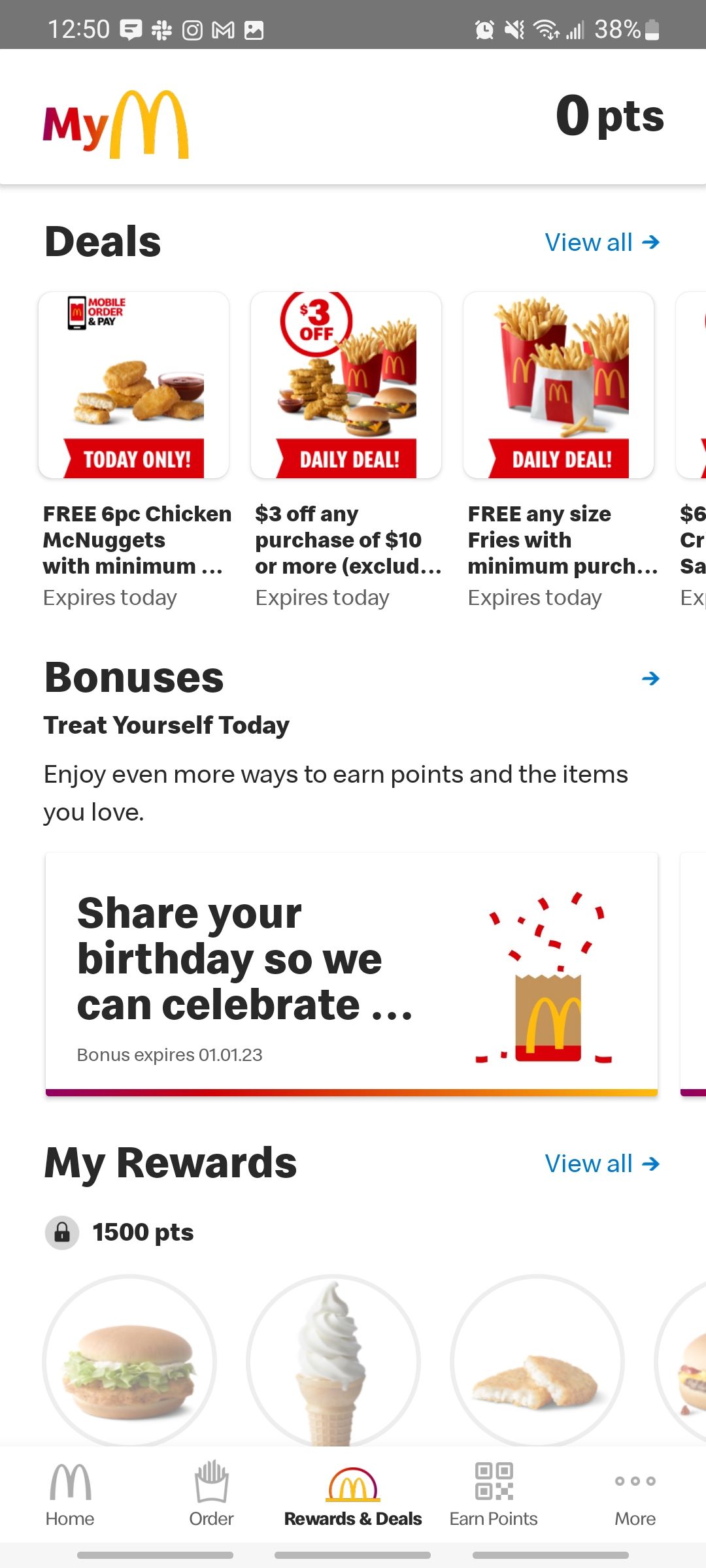 mcdonalds app rewards and deals home screen
