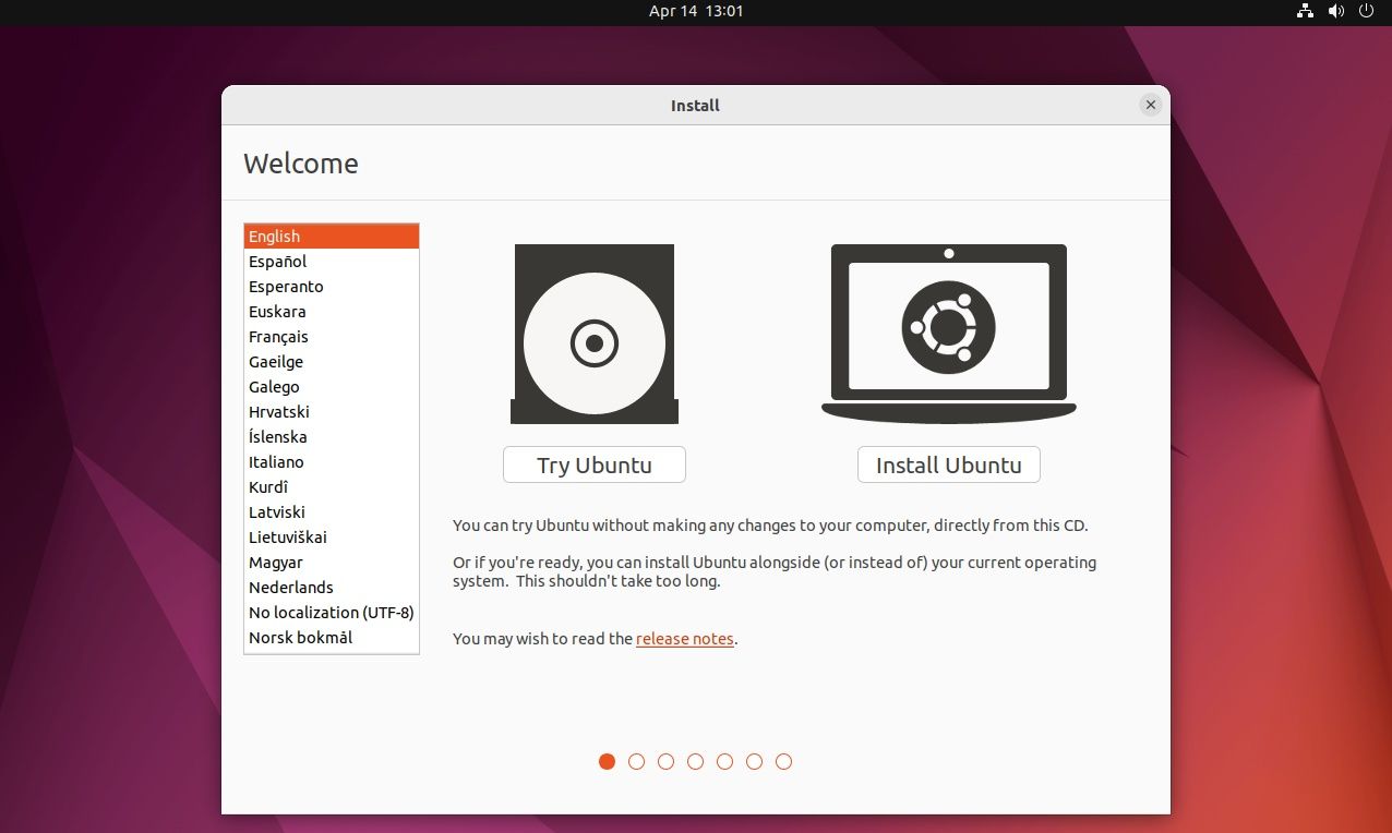 Ubuntu Install select screen