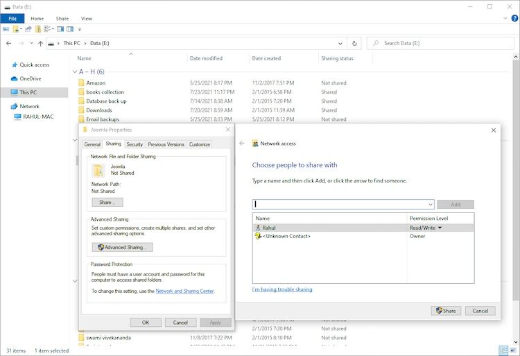 network file and folder share Windows10