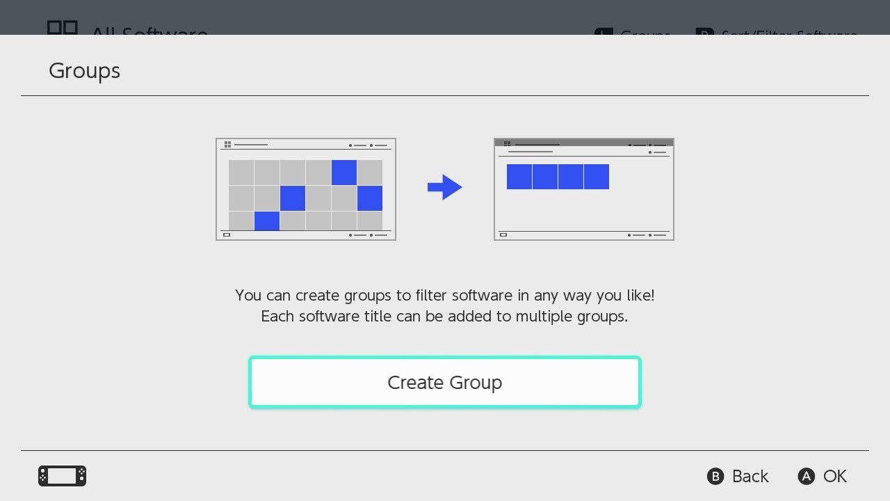 The Groups Screen on a Nintendo Switch with a 'Create Group' button highlighted