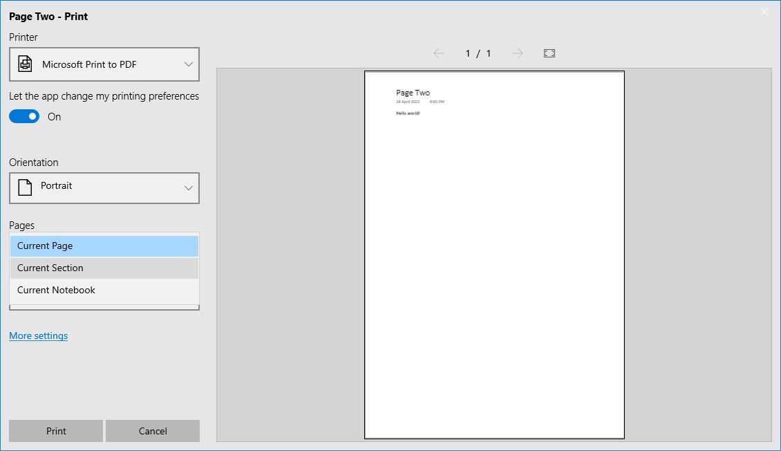 onenote print settings