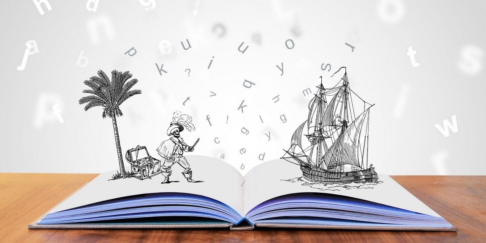 Un livre ouvert avec un pirate, un palmier et un navire émergeant des pages.