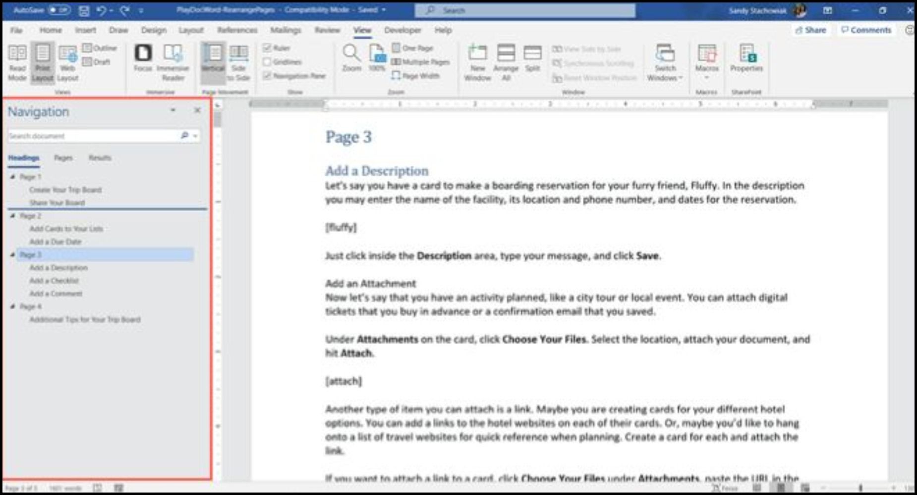  Navigation Pane headings tab for interchanging pages in Word