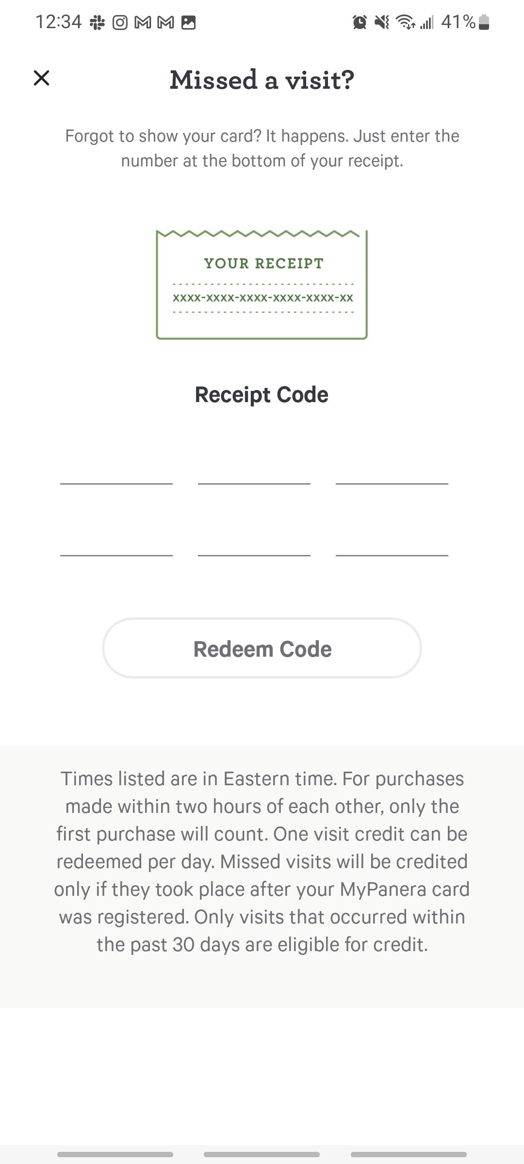 panera app letting you input receipt code if you missed rewards