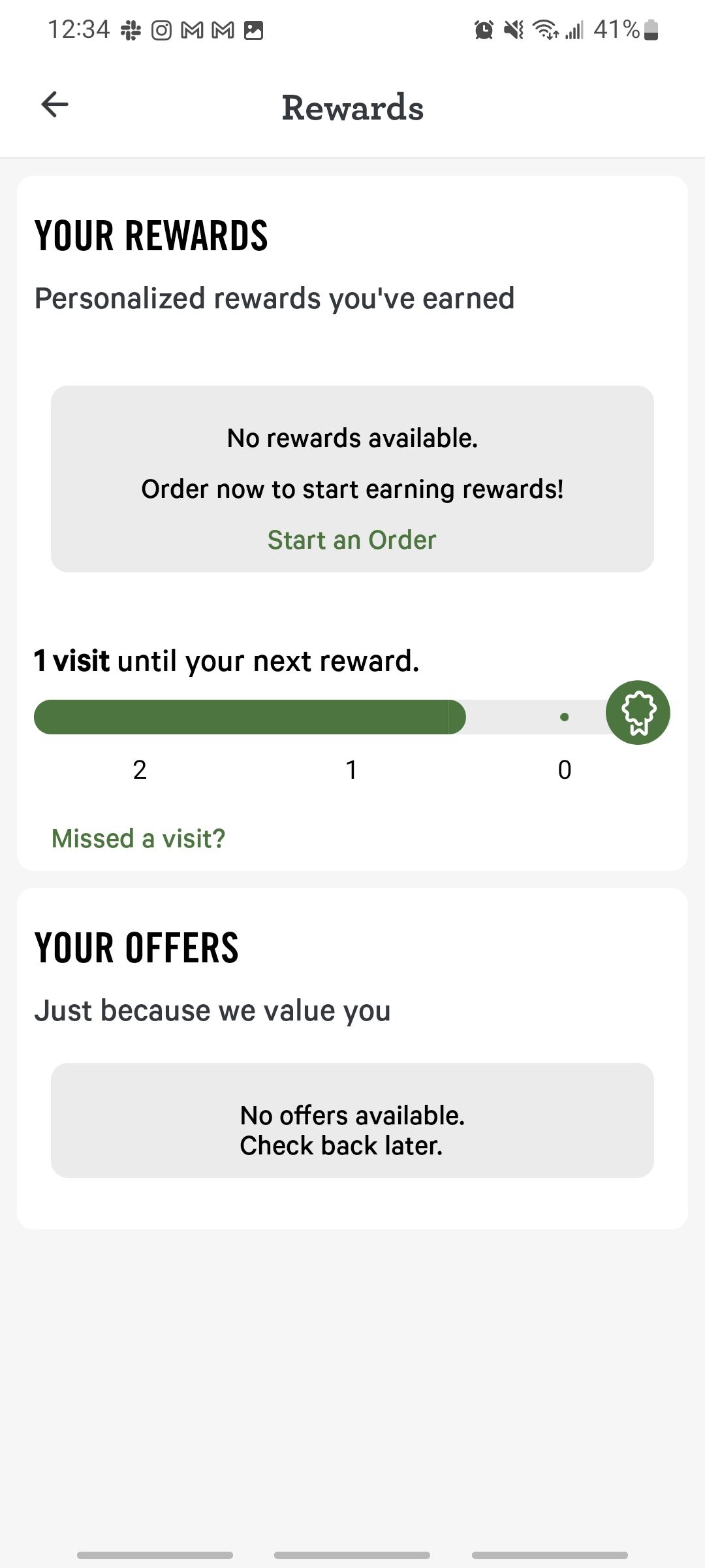 panera app showing rewards system and how many orders til your next reward
