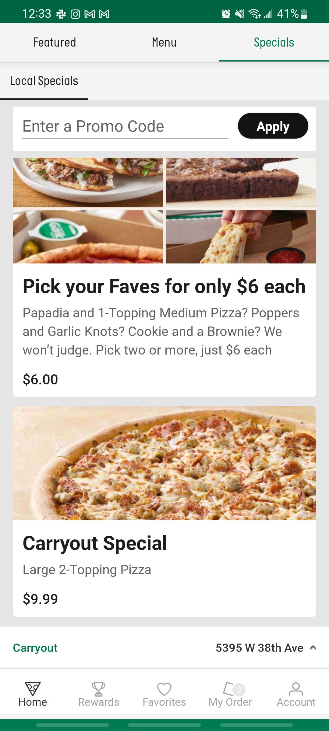 papa johns app showing deals in your area