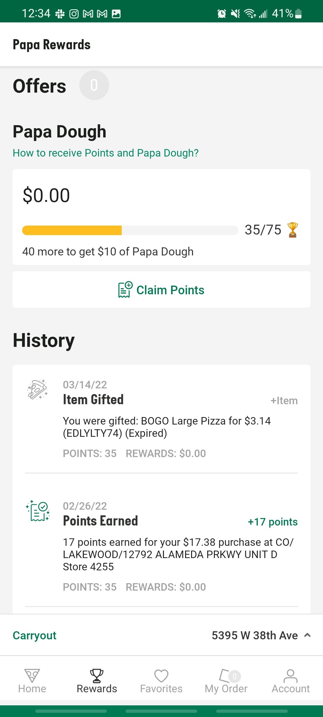papa johns app showing papa dough and order history