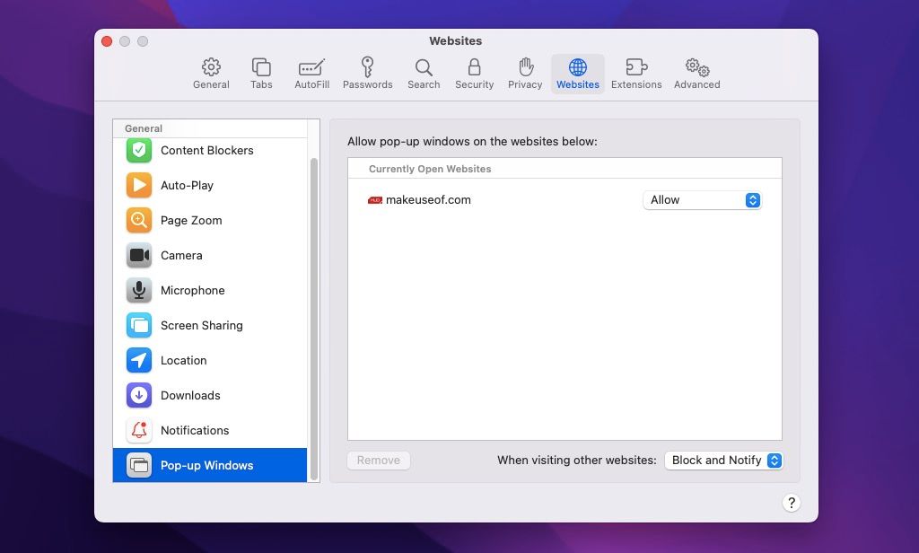 Pop-up management screen in Safari,