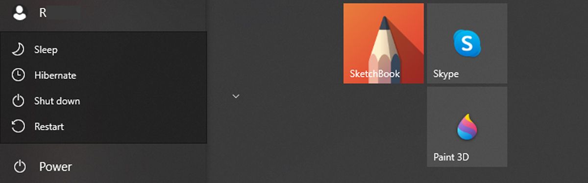 Power menu in Windows 10.