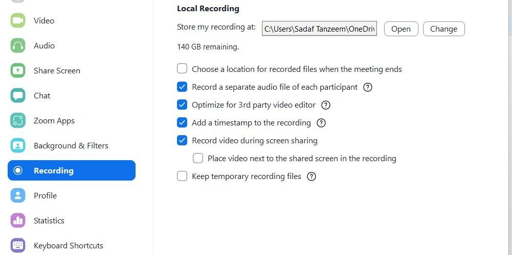تنظیمات ضبط برنامه زوم