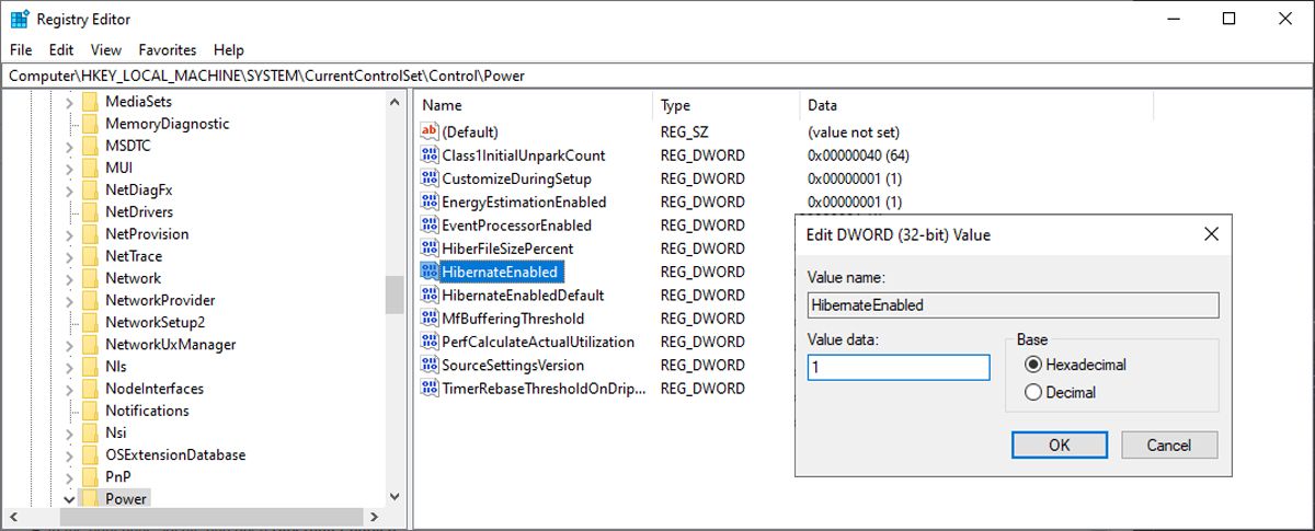 Hibernation in the Registry editor