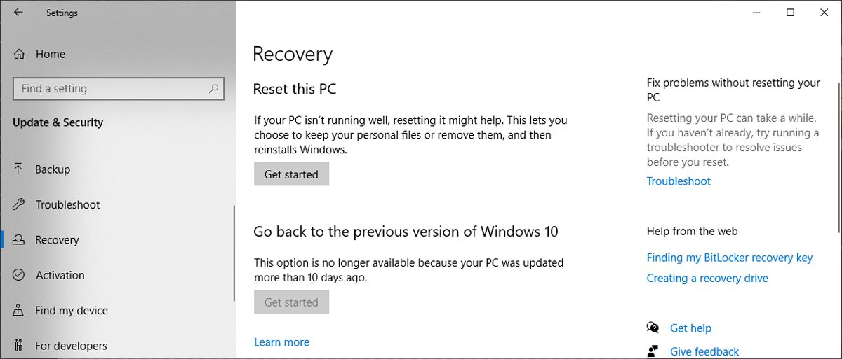 Resetting your PC in Windows 10.