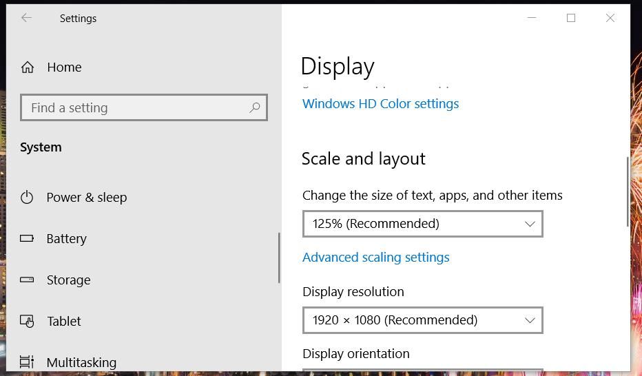 Scale options in Windows 10