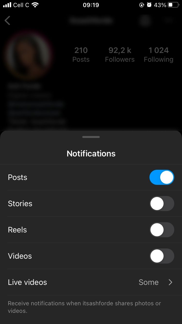 screenshot showing notifications options on Instagram
