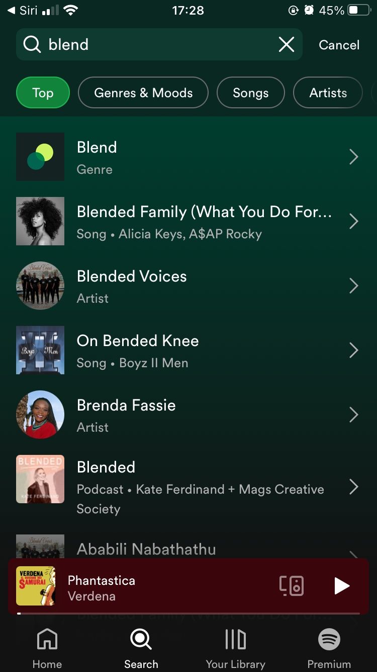 screenshot showing search for blend on spotify