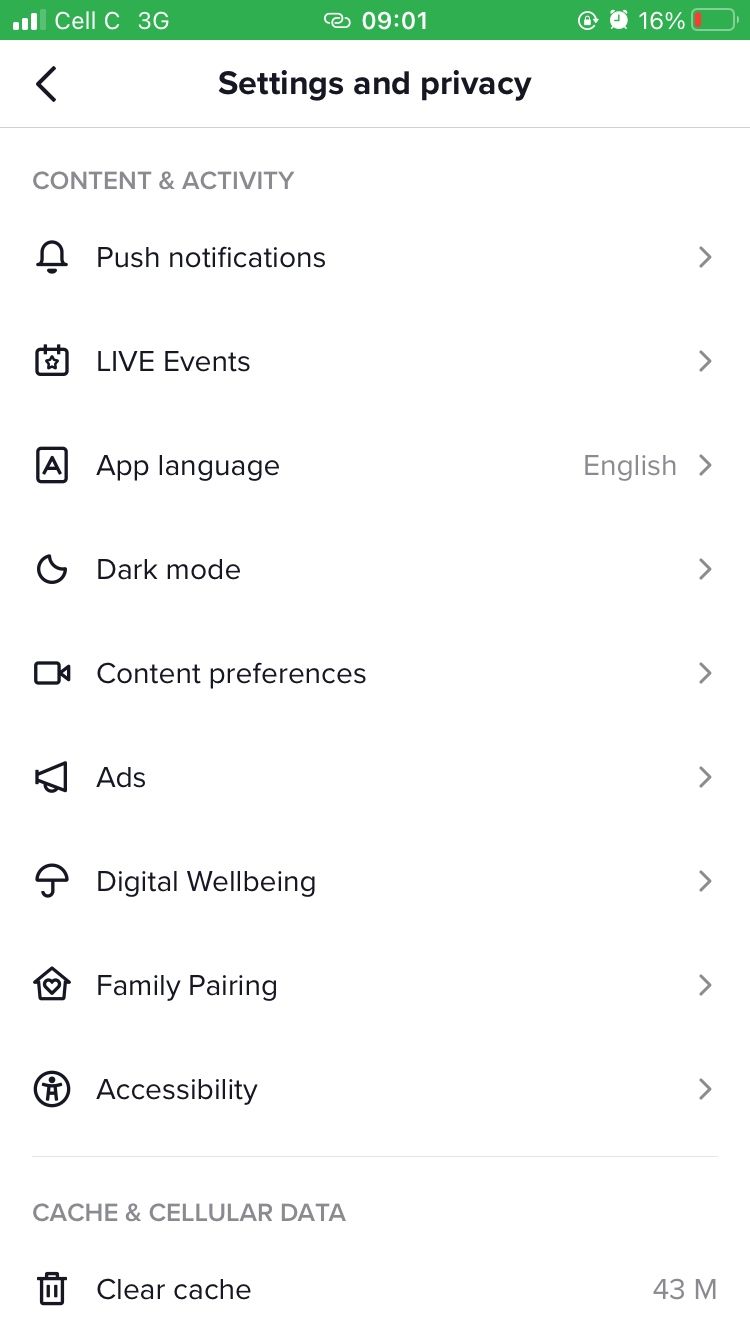 screenshot showing tiktok settings page