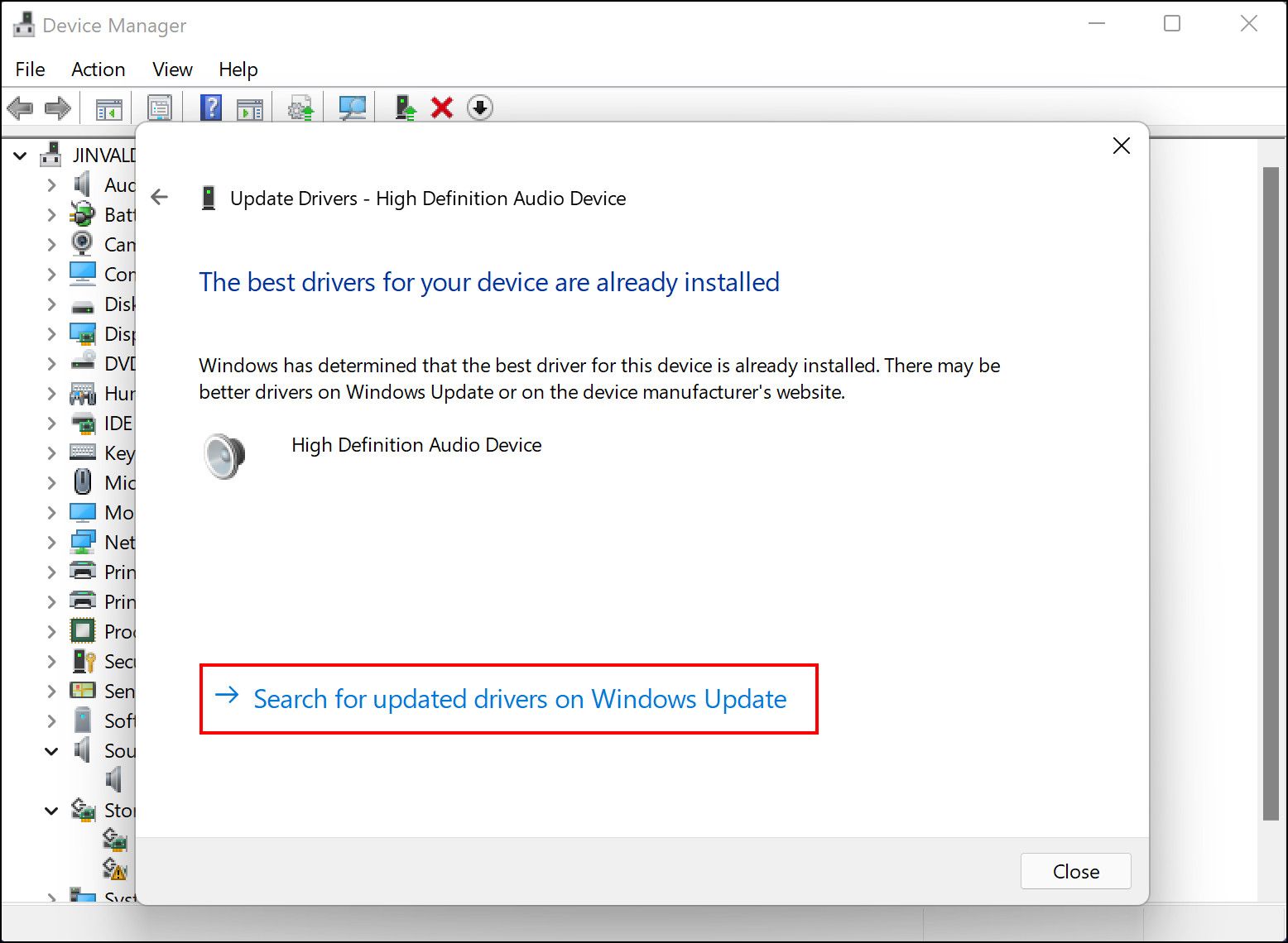 Search for drivers on Windows update