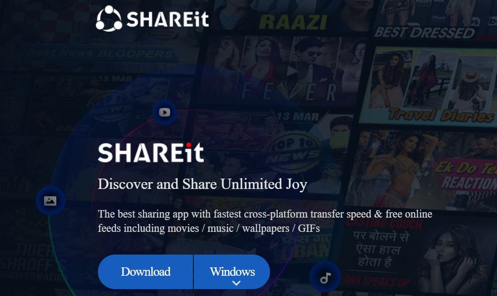 صفحه دانلود shareit برای نصب کننده ویندوز.