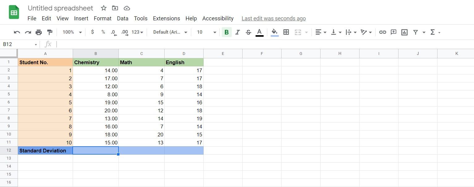 A sample for the STDVE function in Google Sheets.