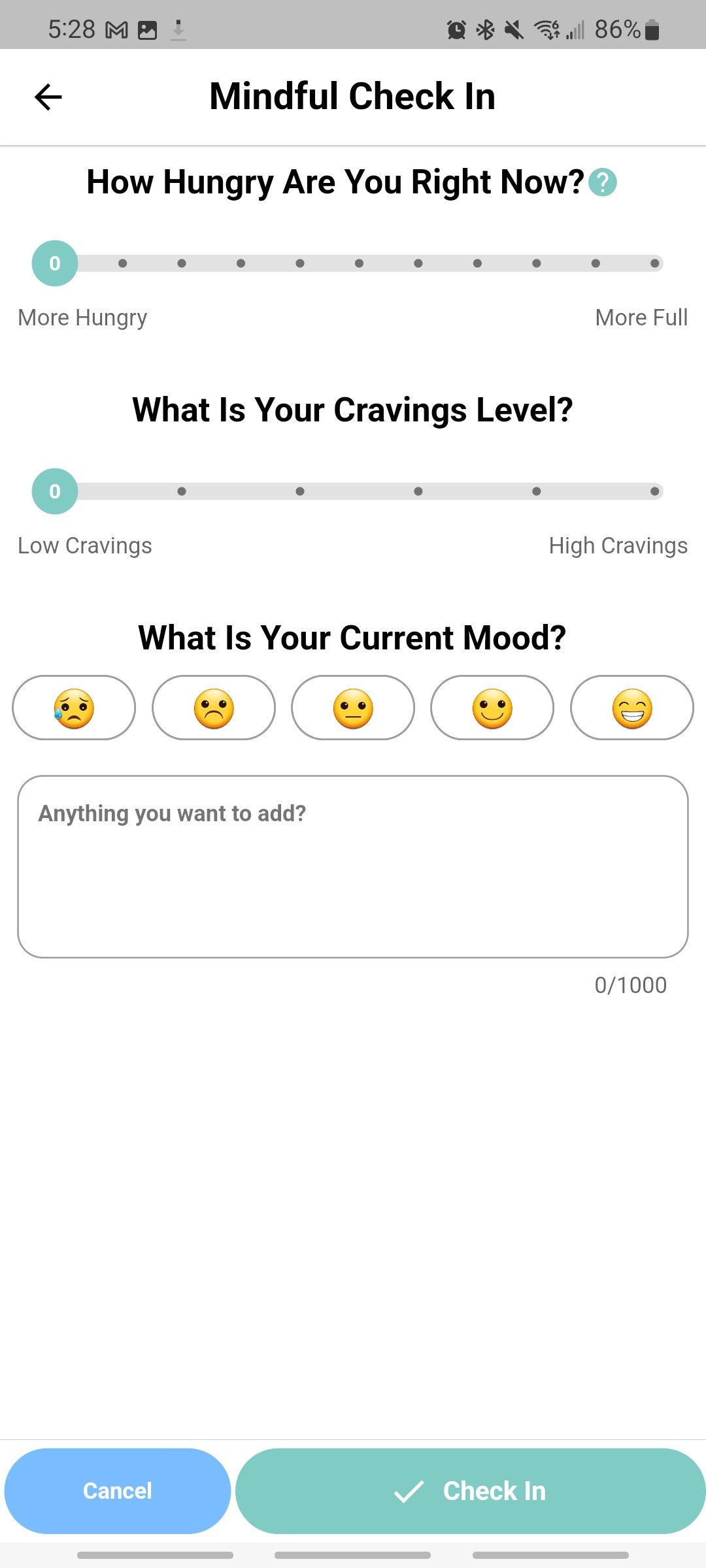 shutterbite app check in to see how hungry you are, your cravings level, and current mood